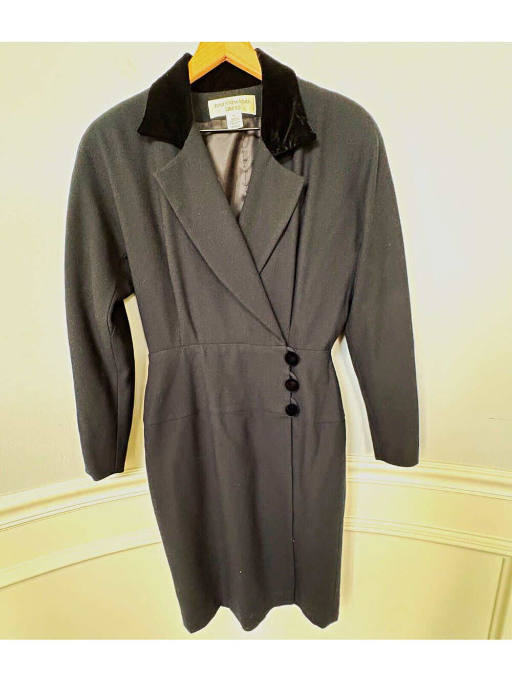 Jones New York Dress Coat Black Wool Collared Button Front Lined Knee Dress 8